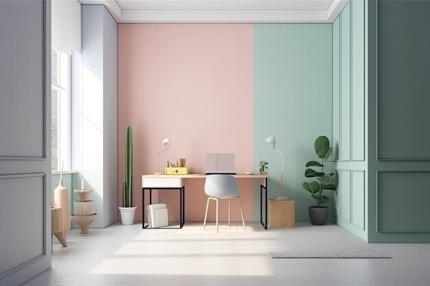 3D-rendering kantoorruimte met een minimalistische pastel achtergrond