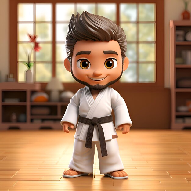 Foto rendering 3d di un ragazzo di karate in una stanza a casa