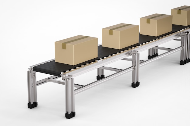 3D-rendering kartonnen dozen op transportband