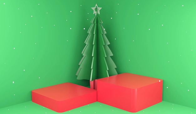 3D rendering Kerst podium op groene achtergrond 3d illustratie groene kamer vloer hoek achtergrond en sneeuw backdrop