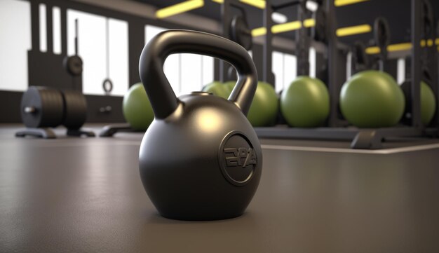 3D Rendering Kettlebell on a Gym Interior Background Generative AI