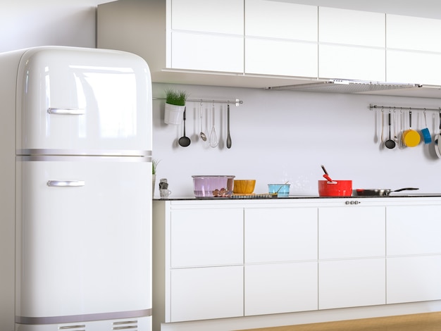 3D-rendering keuken interieur met kasten en koelkast