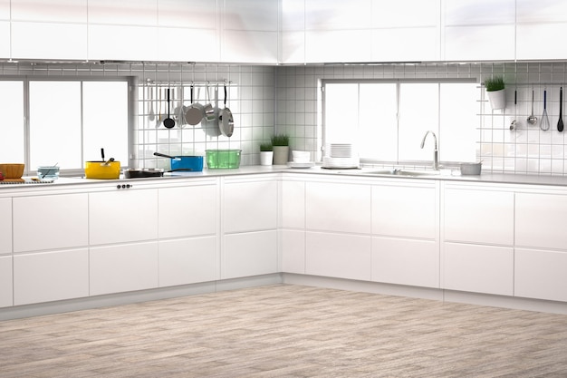 3D rendering keuken interieur met keukenkasten op houten vloer