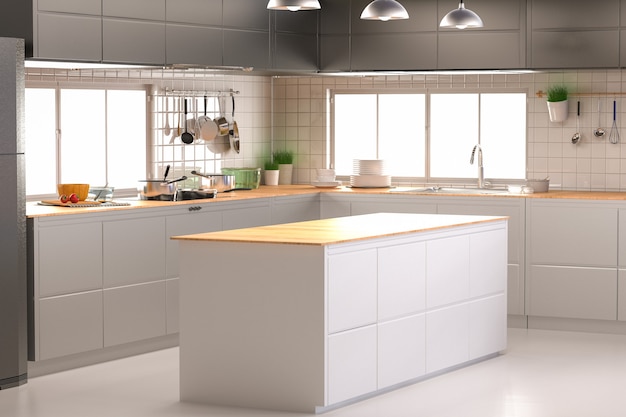 3D-rendering keuken interieur met lege toonbank