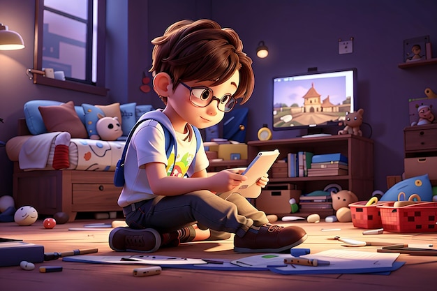 3d rendering of kid playing digital game