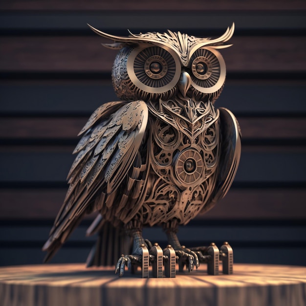 A 3D rendering of a kinetic metal owl statue positioned atop a table featuring steampunk design elements Generative Ai