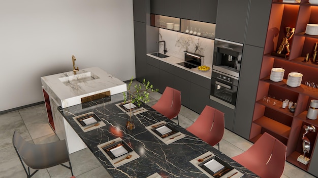 Foto rendering 3d di cucina, modellazione di interni, progettazione di scene complete