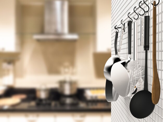 3d rendering kitchen rack hanging with kitchen background