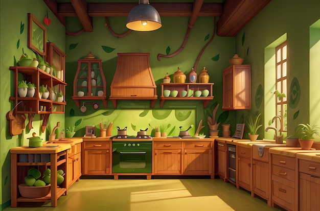 3D-рендеринг кухонной сцены в стиле мультфильмов