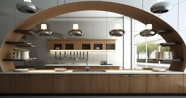 a 3d rendering of a kitchen with a large arch that says " the word " on it.