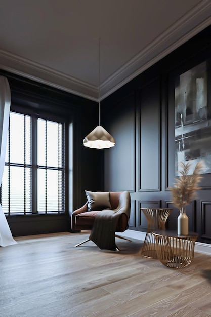 3D-rendering klassieke architectuur woonkamer interieur donker conceptontwerp