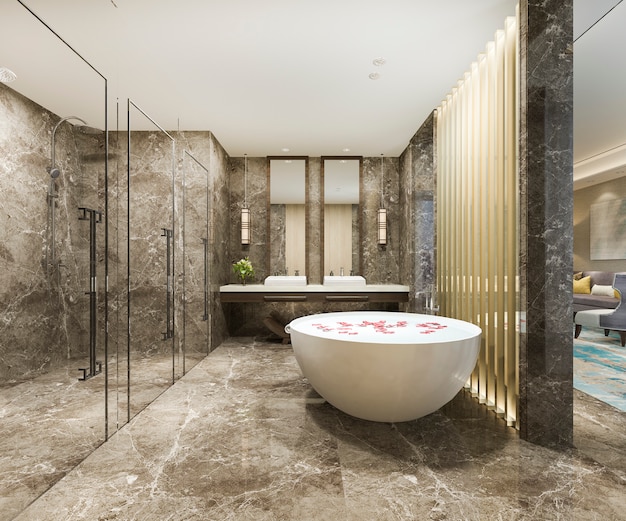 3D-rendering klassieke moderne badkamer met luxe tegel decor