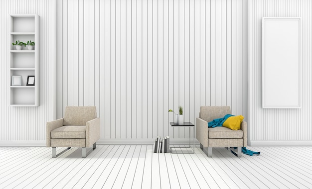 3D-rendering kleurrijke fauteuil in witte woonkamer met plank