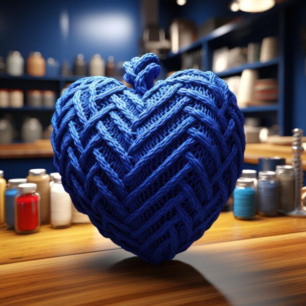 Photo 3d rendering of knited heart made of blue uhd wallpaper