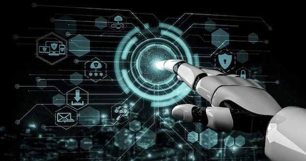 3D-rendering kunstmatige intelligentie AI-onderzoek naar de ontwikkeling van robots en cyborgs voor de toekomst van mensen die leven Digitale datamining en machine learning technologieontwerp voor computerhersenen