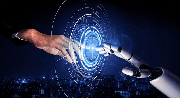 3D-rendering kunstmatige intelligentie AI-onderzoek naar de ontwikkeling van robots en cyborgs voor de toekomst van mensen die leven Digitale datamining en machine learning technologieontwerp voor computerhersenen