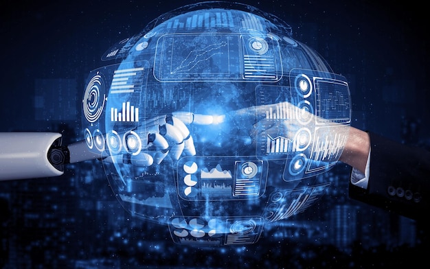 3D-rendering kunstmatige intelligentie AI-onderzoek naar de ontwikkeling van robots en cyborgs voor de toekomst van mensen die leven Digitale datamining en machine learning technologieontwerp voor computerhersenen