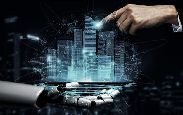3D-rendering kunstmatige intelligentie AI-onderzoek naar robot- en cyborgontwikkeling voor de toekomst van mensen die leven Digitale datamining en machinaal leren technologieontwerp voor computerhersenen