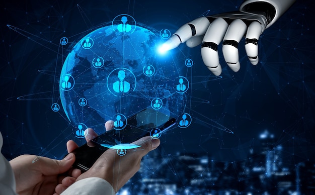 3D-rendering kunstmatige intelligentie AI-onderzoek van de ontwikkeling van robots en cyborgs