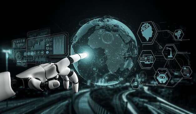 3D rendering kunstmatige intelligentie AI onderzoek van robots en cyborg ontwikkeling voor de toekomst van levende mensen Digitale data mining en machine learning technologie ontwerp voor computer hersenen