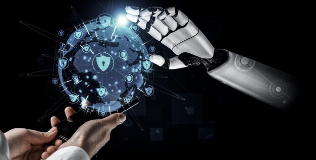 3D rendering kunstmatige intelligentie AI onderzoek van robots en cyborg ontwikkeling voor de toekomst van levende mensen Digitale data mining en machine learning technologie ontwerp voor computer hersenen