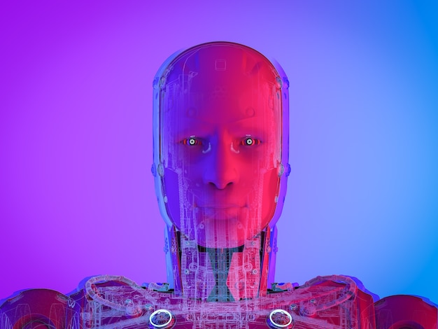 3D-rendering kunstmatige intelligentie cyborg of robot in neonlicht