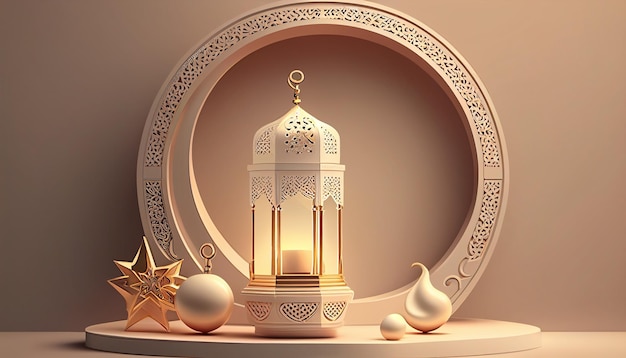 A 3d rendering of a lamp with a gold frame and a gold star on the bottom