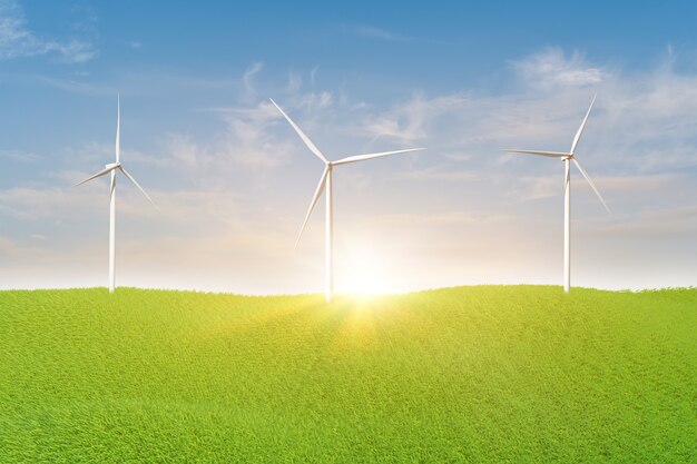 3d rendering landscape with wind turbines in green field over blue sky background.