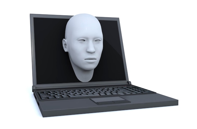 Rendering 3d laptop e testa 3d che escono dallo schermo