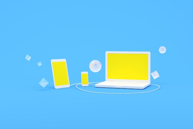 黄色の画面、コンピュータソフトウェアとサービスの概念を持つラップトップコンピュータとスマートフォンの3Dレンダリング。