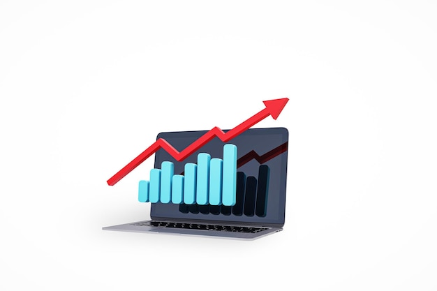 3d rendering of a laptop with a bar chart and upward arrow on a white background 3d rendering