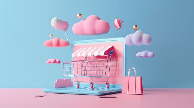 3d rendering of a laptop with a shopping cart in the screen The shopping cart is full of colorful balloons