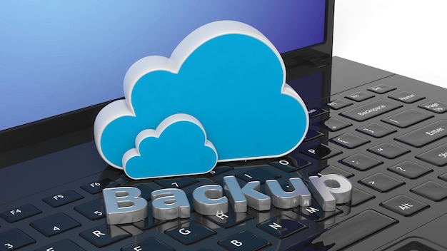 3D rendering of laptops keyboard with Backup text and cloud icons closeup background