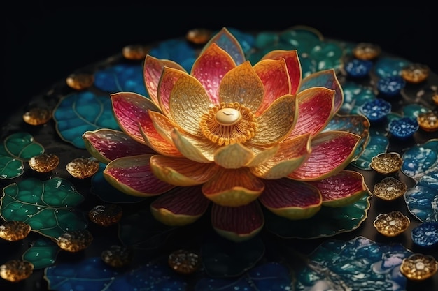 3D rendering of a large blooming golden lotus with gemstones on it