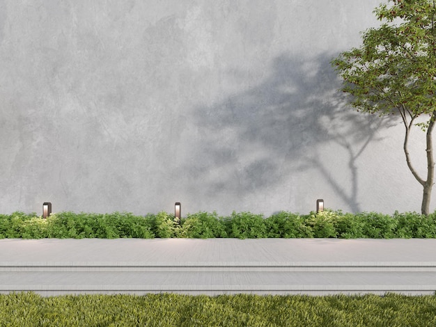 Rendering 3d di un grande muro di cemento con giardino