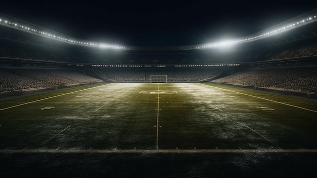 3D rendering of a large empty football stadium with bright floodlights night view generative ai