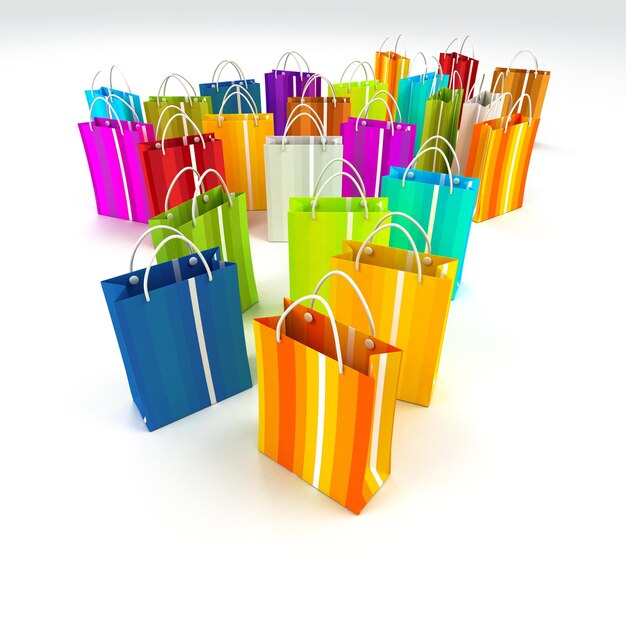 Photo 3d rendering of a large group of different colourful shopping bags