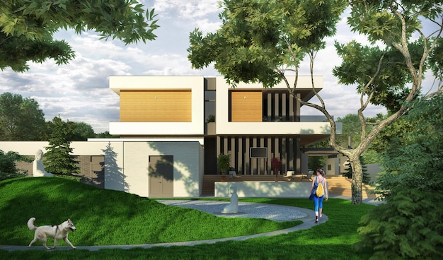 3D rendering of a large house with a flat roof. House concept