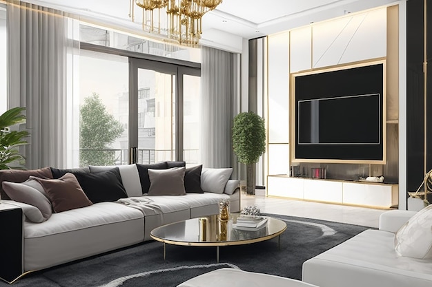 Photo 3d rendering large luxury modern bright interiors living room mockup computer