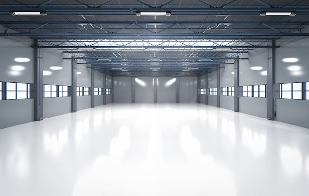 3D-rendering leeg fabrieksinterieur met hanglampen