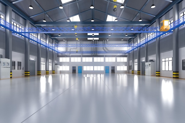 3D-rendering leeg fabrieksinterieur of pakhuis