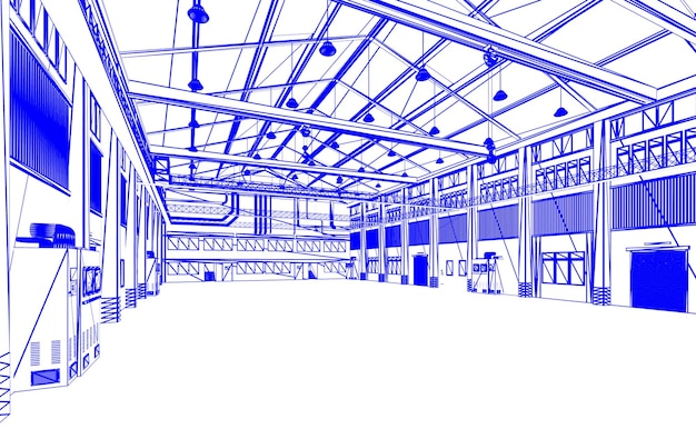 3D-rendering leeg fabrieksinterieur of pakhuis
