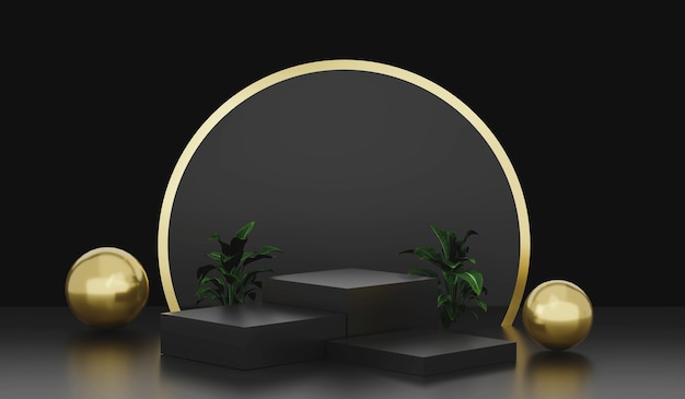 3d-rendering leeg podium of voetstukdisplay op zwarte donkere productplank die staat luxe display