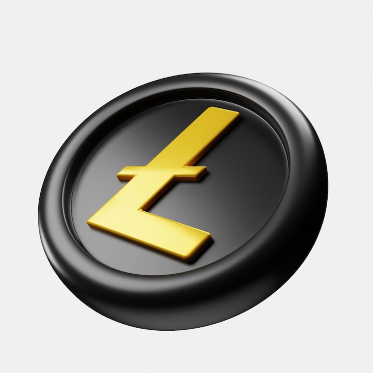 Фотография 3d-рендеринг левого обзора криптовалюты litecoin или монеты из черного золота ltc в мультяшном стиле