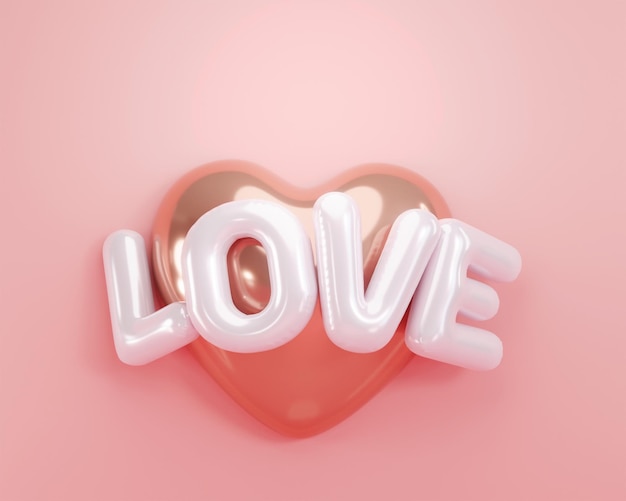 Foto rendering 3d lettera amore cuore in oro rosa su sfondo di colore rosa per il design del giorno di san valentino