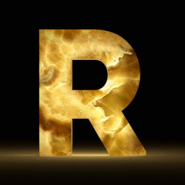 Photo 3d rendering of letter r made of glowing marble