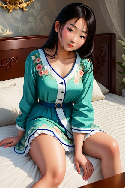 Foto 3d rendering leuke aziatische vrouw in bed ai generatief