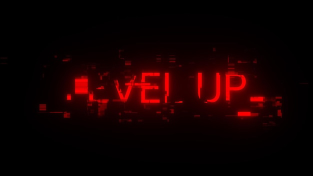 3D rendering level up text with screen effects of technological glitches