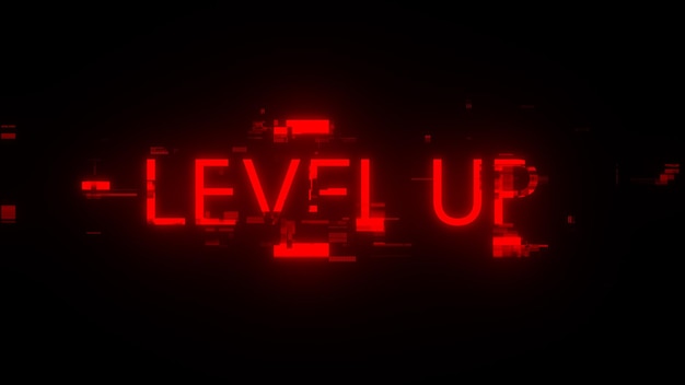 3D rendering level up text with screen effects of technological glitches