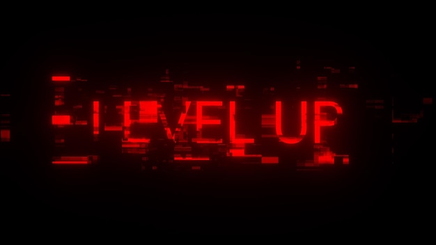 3D rendering level up text with screen effects of technological glitches